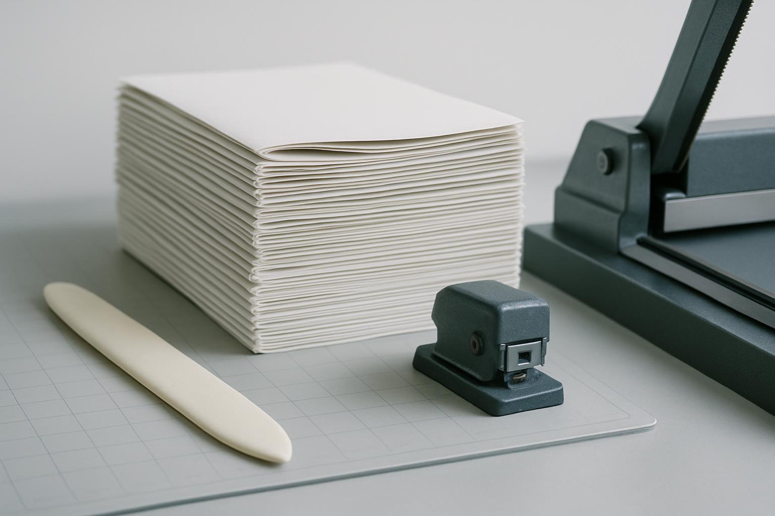 Bindery bench with folded sections, a bone folder and a guillotine edge